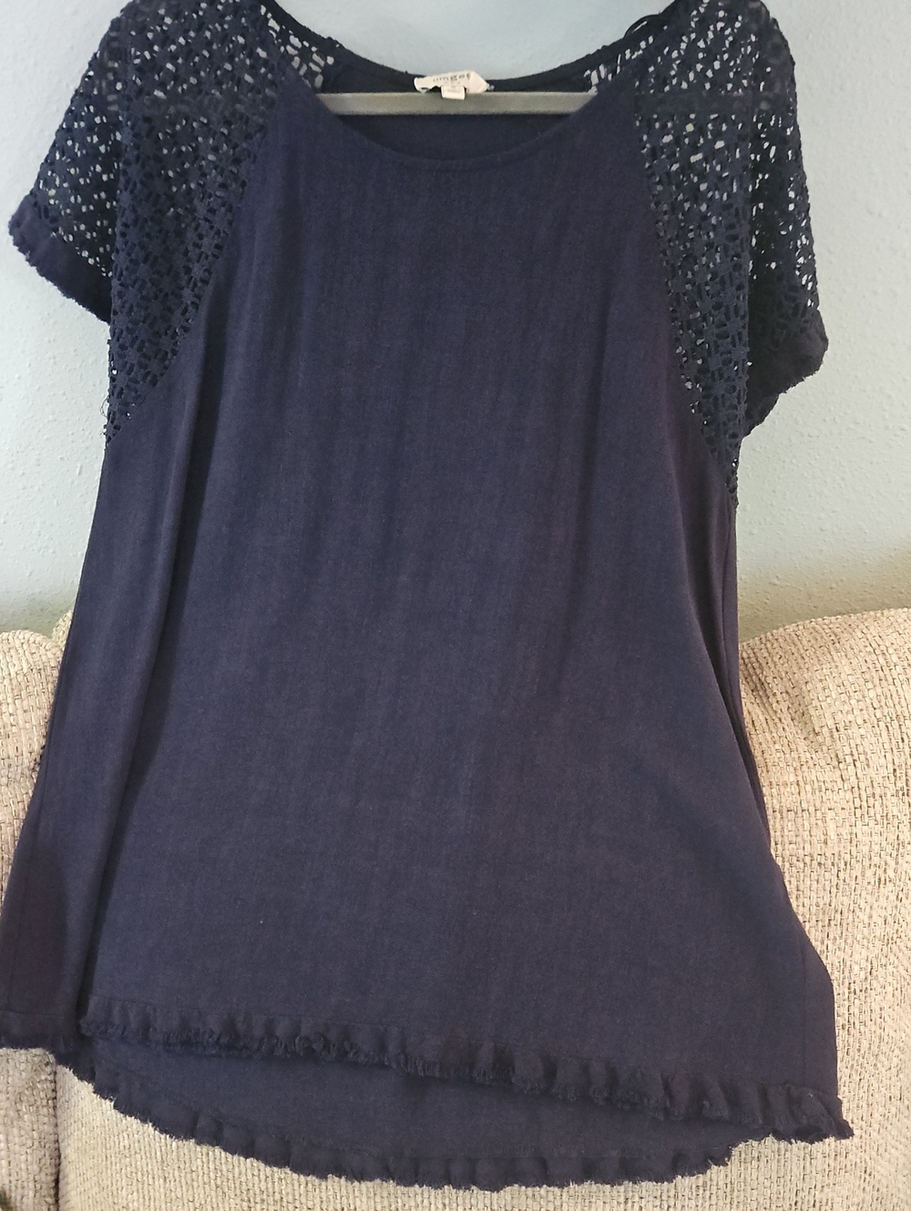 Umgee Navy Crochet Sleeve Short Sleeve Tee